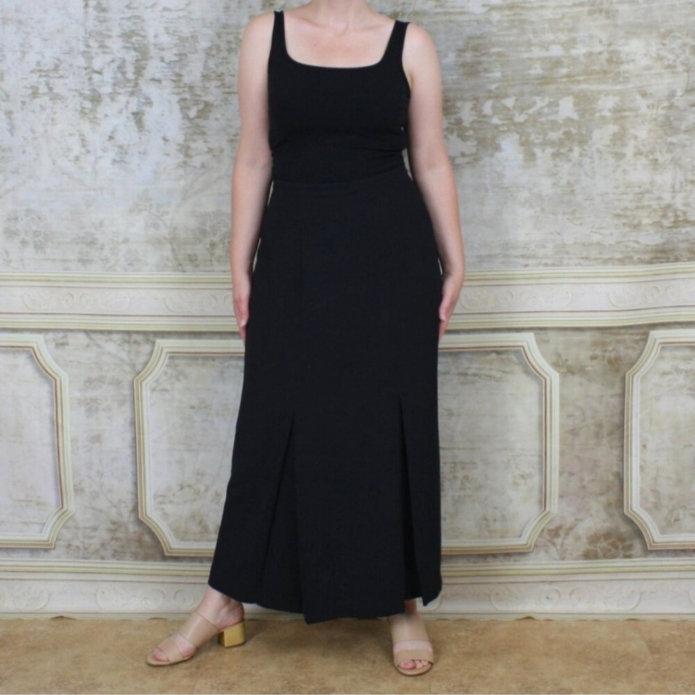 Vintage 1990s Black Maxi Skirt M Long Front Slit Classic Office Column Goth 90s